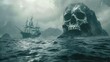 Ghostly pirate ship and giant skull rock formation in misty seascape.