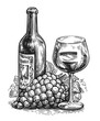 Hand drawn illustration wine glass and bottle. Sketch drawing for winery or restaurant menu