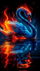 Aufkleber - a colorful swan floating on top of a river. a magical creature made of fire on black background.