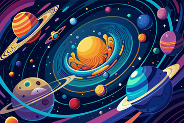 Poster - Colorful illustration of a vibrant outer space scene featuring various stylized planets with swirling patterns, surrounded by stars and comet trails on a dark purple background.