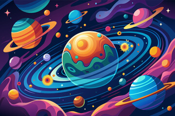 Poster - Colorful illustration of a vibrant outer space scene featuring various stylized planets with swirling patterns, surrounded by stars and comet trails on a dark purple background.