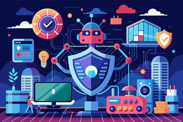 Aufkleber - illustration of a robot interacting with various smart devices and digital interfaces, surrounded by icons representing connectivity and technology in a stylized, vibrant nighttime cityscape.