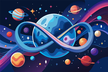 Aufkleber - Colorful illustration of a vibrant space scene with various planets, including a large blue planet with rings, surrounded by stars and smaller celestial bodies against cosmic background.