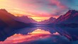 © Kerem - Majestic mountain range silhouetted against a vibrant sunset sky, reflecting in a tranquil lake below