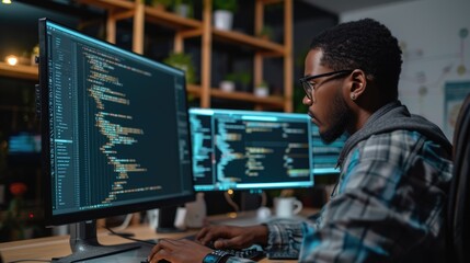 a software developer is engrossed in writing code on dual monitors, indicative of the concentration 