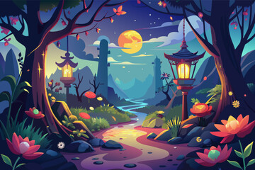 Wall Mural - Illustration moonlit landscape with vibrant colors, featuring a path through a forest leading to a traditional Asian temple. The scene is adorned with red lanterns hanging from trees and a large