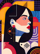 An illustration of a woman with shoulder length hair in the style of bold graphic illustrations, with dark violet and orange and white colors. Colorful patterns with striped arrangements in a cartoon 