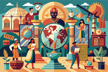 Aufkleber - Colorful illustration of a diverse group of people engaged in educational activities, featuring a large globe, historical artifacts, and scientific instruments inside a classroom setting
