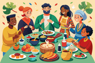 Aufkleber - Illustration of a diverse group of six people enjoying a variety of dishes at a tropical-themed dinner party, with a rich display of colorful foods and plants in the background.