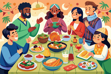 Aufkleber - Illustration of a diverse group of six people enjoying a variety of dishes at a tropical-themed dinner party, with a rich display of colorful foods and plants in the background.
