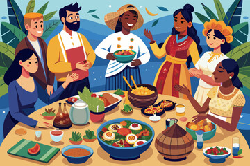 Aufkleber - Illustration of a diverse group of six people enjoying a variety of dishes at a tropical-themed dinner party, with a rich display of colorful foods and plants in the background.