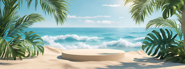   Beach podium summer background sand product 3D sea display platform. Beach podium summer banner stand scene sale sky holiday vacation stage water island sun travel pedestal promotion presentation ad.