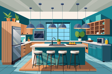 Aufkleber - Modern kitchen interior design with blue walls, white cabinets, and a central island featuring stools and pendant lights.