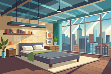 Poster - Illustration of a stylish modern bedroom with a large bed, floor-to-ceiling windows, and a panoramic view of a city skyline during sunset.