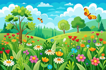 Colorful illustration of a vibrant meadow filled with various flowers, trees, and butterflies under a clear blue sky.