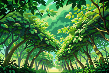 Aufkleber - Illustration of a lush forest pathway surrounded by dense green trees and sunlight filtering through leaves.