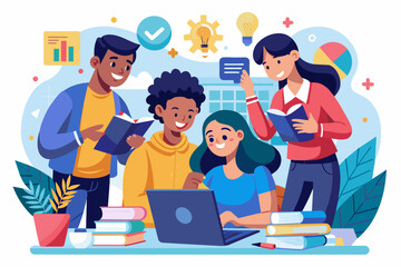 Aufkleber - Colorful vector illustration of a group of diverse people working together on a project.