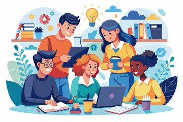 Aufkleber - Colorful vector illustration of a group of diverse people working together on a project.
