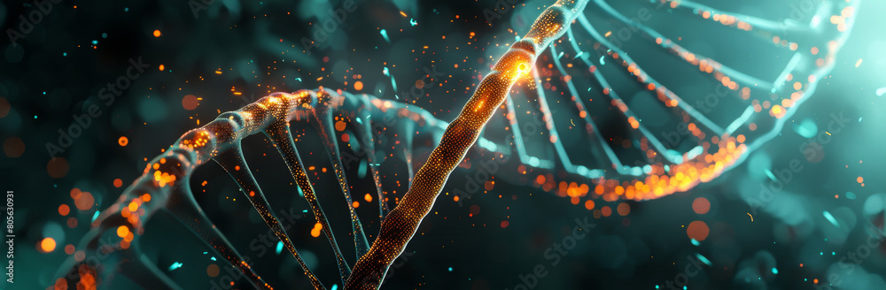 Abstract double helix of DNA with glowing particles on dark background ...