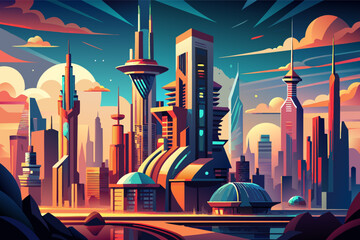 Poster - Colorful illustration of a futuristic cityscape at sunset, featuring stylized skyscrapers with glowing windows and sleek, modern design elements.