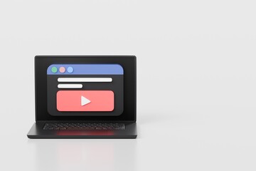 Poster - 3d laptop with social media live streaming or entertainment in videos player browser icon symbol on isolated white background. Social media online playing cinema video on web concept. 3d rendering.
