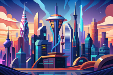 Poster - Colorful illustration of a futuristic cityscape at sunset, featuring stylized skyscrapers with glowing windows and sleek, modern design elements.