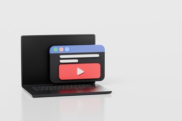 Poster - 3d laptop with social media live streaming or entertainment in videos player browser icon symbol on isolated white background. Social media online playing cinema video on web concept. 3d rendering.
