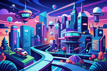 Fototapete - Futuristic cityscape at night with neon colors, featuring elevated roads, flying vehicles, and modernistic buildings under a starry sky.