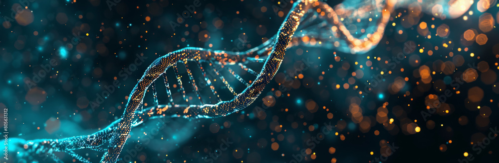 Abstract double helix of DNA with glowing particles on dark background ...