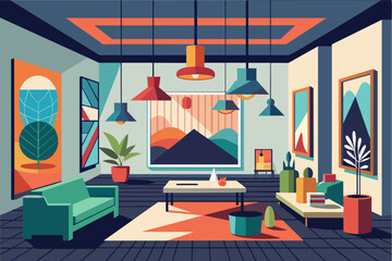 Poster - Illustration of a stylish living room with a mid-century modern aesthetic, featuring a green sofa, various hanging lamps, a geometric area rug, and large windows