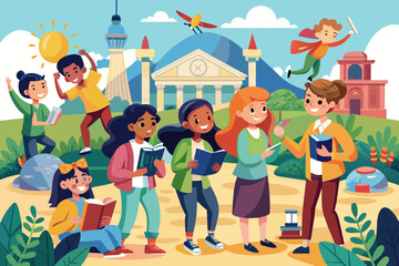 Aufkleber - Colorful illustration of a group of diverse students with books and tablets in front of stylized ancient Greek architecture, under a starry sky with a flying rocket and an owl.