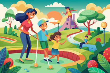 Illustration of diverse children and an adult playing mini golf on a colorful, sunny day with winding paths and trees in a park setting.