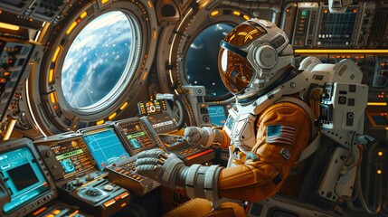 Visualize a cosmic comedy in space exploration where futuristic technologies go hilariously wrong through CG 3D rendering Render a scene of astronauts interacting with high-tech gadgets in a light-hea