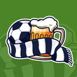 Vector illustration of soccer ball and mug of beer tied with a fan scarf. Football and beer colorful emblem. Ideal for sticker design, t-shirt print, bierdeckel, etc.
