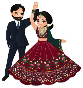 Cute couple  dance in traditional indian dress cartoon characters bride and groom