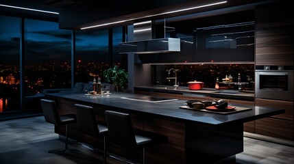 Wall Mural - a kitchen with a large island and a large window overlooking the city at night time