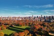 Autumn Central Park in New York with skyscrapers view from drone. Aerial of NYC Central Park panorama in Autumn. Autumn in Central Park. Autumn NYC. Central Park Fall foliage.
