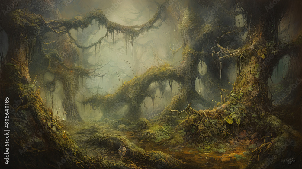 A dense fog enveloping a mystical forest, ancient trees towering ...