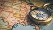 A compass pointing towards different directions labeled with political ideologies, set against the backdrop of a map of the United States