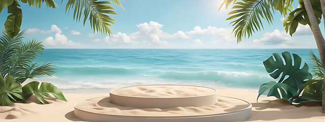 Wall Mural -  Beach podium summer background sand product 3D sea display platform. Beach podium summer banner stand scene sale sky holiday vacation stage water island sun travel pedestal promotion presentation ad.