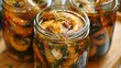 Savory Brine: Jar filled with delectable pickled shrimp soaking in aromatic fish sauce, a Thai culinary delight.