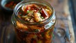 Savory Brine: Jar filled with delectable pickled shrimp soaking in aromatic fish sauce, a Thai culinary delight.