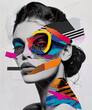 Black and white portrait of a beautiful woman with colorful neon accents, in the style of a cut paper collage, resembling a fashion magazine cover