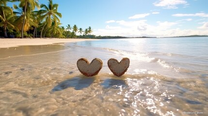 Wall Mural - Two hearts on the beach. Love and Valentine's day concept.