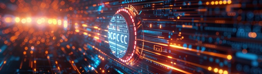 Cryptography concept with code lock wheel on digital data background