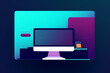 Computer and notebook  on a desk. Vector illustration in neon style.