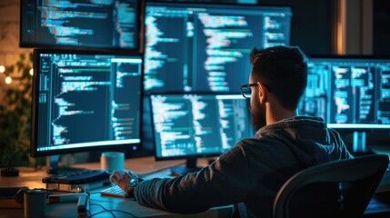 Side view of professional software developer coding program or engineering prompt. Skilled programmer typing computer and laptop while developing system with blurring background. Technology. AIG42.