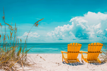 Wall Mural - Two yellow beach chairs are sitting on the sand near the water. The chairs are facing the ocean, and the sky is clear and blue. The scene is peaceful and relaxing, perfect for a day at the beach