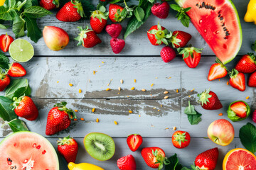Wall Mural - a colorful fruit display with strawberries, kiwi, watermelon, and oranges. concept of freshness and 