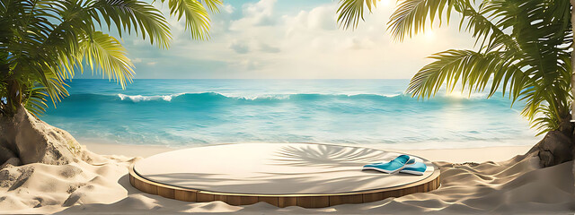 Wall Mural -  Beach podium summer background sand product 3D sea display platform. Beach podium summer banner stand scene sale sky holiday vacation stage water island sun travel pedestal promotion presentation ad.